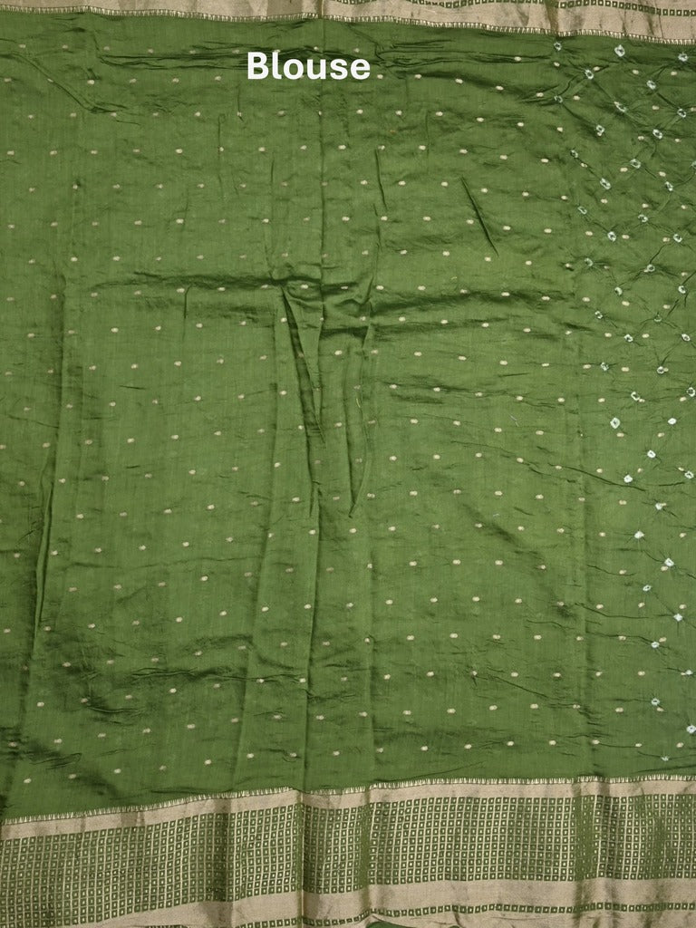 Munga bandhani fancy saree light green color allover work & zari border with contrast pallu and blouse