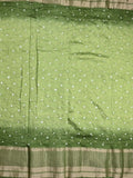 Munga bandhani fancy saree light green color allover work & zari border with contrast pallu and blouse