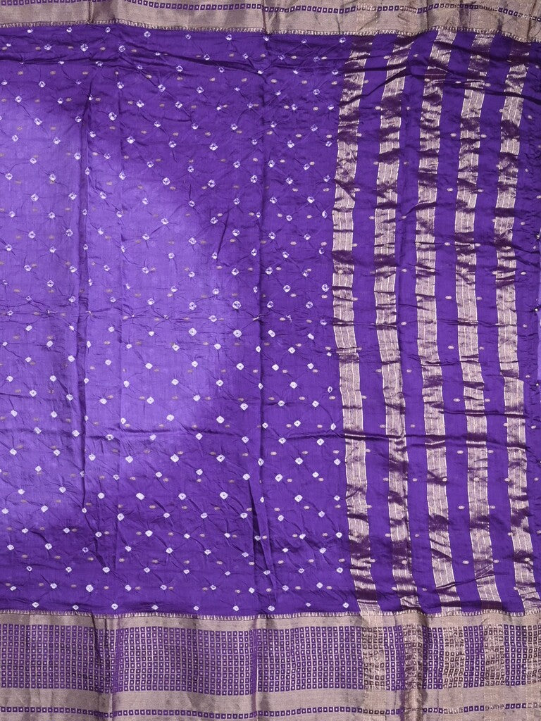 Munga bandhani fancy saree blue color allover work & zari border with contrast pallu and blouse