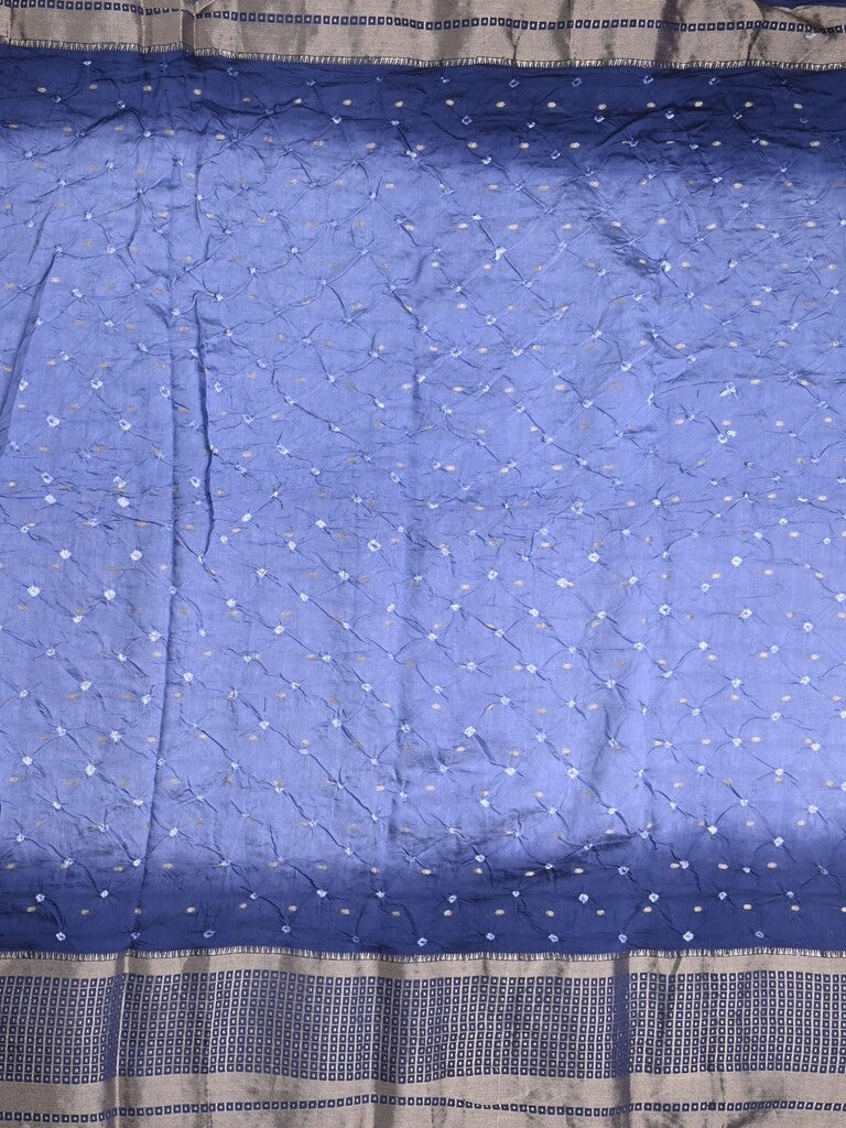 Munga bandhani fancy saree sky blue color allover work & zari border with contrast pallu and blouse