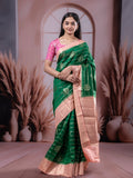 Raw mango pattu saree bottle green color allover zari weaves & zari border with rich pallu and contrast plain blouse