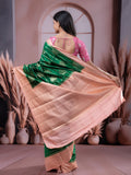 Raw mango pattu saree bottle green color allover zari weaves & zari border with rich pallu and contrast plain blouse