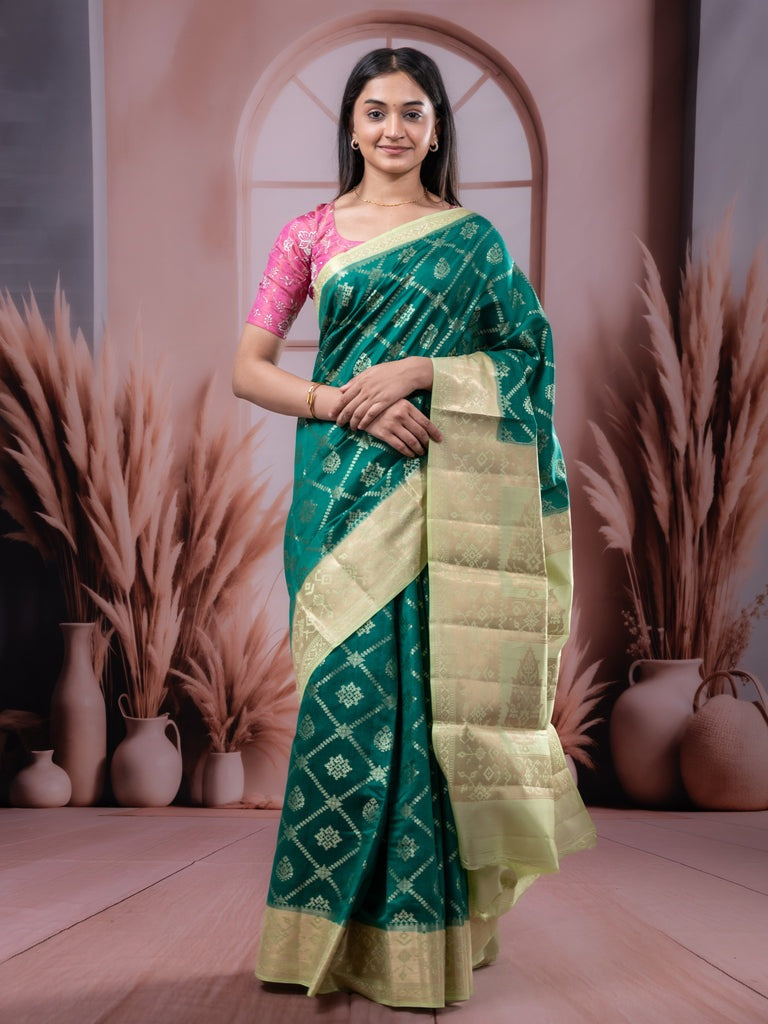 Raw mango pattu saree peacock green color allover zari weaves & zari border with rich pallu and contrast plain blouse