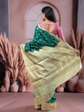 Raw mango pattu saree peacock green color allover zari weaves & zari border with rich pallu and contrast plain blouse