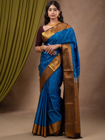 Kanchi pattu saree royal blue color allover zari motifs & zari border with rich pallu and contrast plain blouse