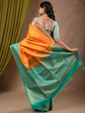 Kanchi pattu saree orange color allover zari weaves & zari border with contrast pallu and plain contrast blouse