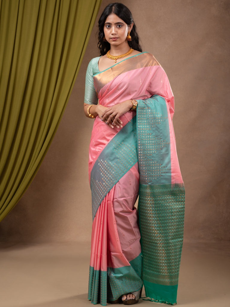 Kanchi pattu saree baby pink color allover zari weaves & zari border with contrast pallu and plain contrast blouse