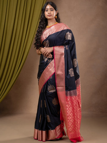 Kanchi pattu saree navy blue color allover zari weaves & zari border with contrast pallu and plain contrast blouse