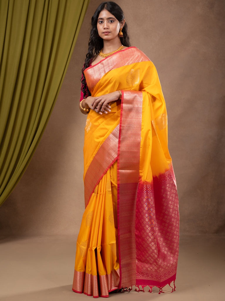 Kanchi pattu saree golden yellow color allover zari weaves & zari border with contrast pallu and plain contrast blouse