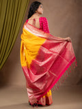 Kanchi pattu saree golden yellow color allover zari weaves & zari border with contrast pallu and plain contrast blouse