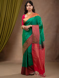 Kanchi pattu saree peacock green color allover zari weaves & zari border with contrast pallu and plain contrast blouse