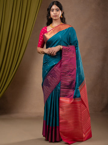 Kanchi pattu saree royal blue color allover zari weaves & zari border with contrast pallu and plain contrast blouse