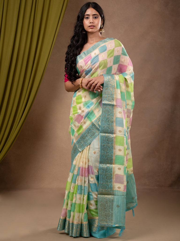 Georgette fancy saree multi color allover checks, motifs & zari border with short pallu and contrast blouse