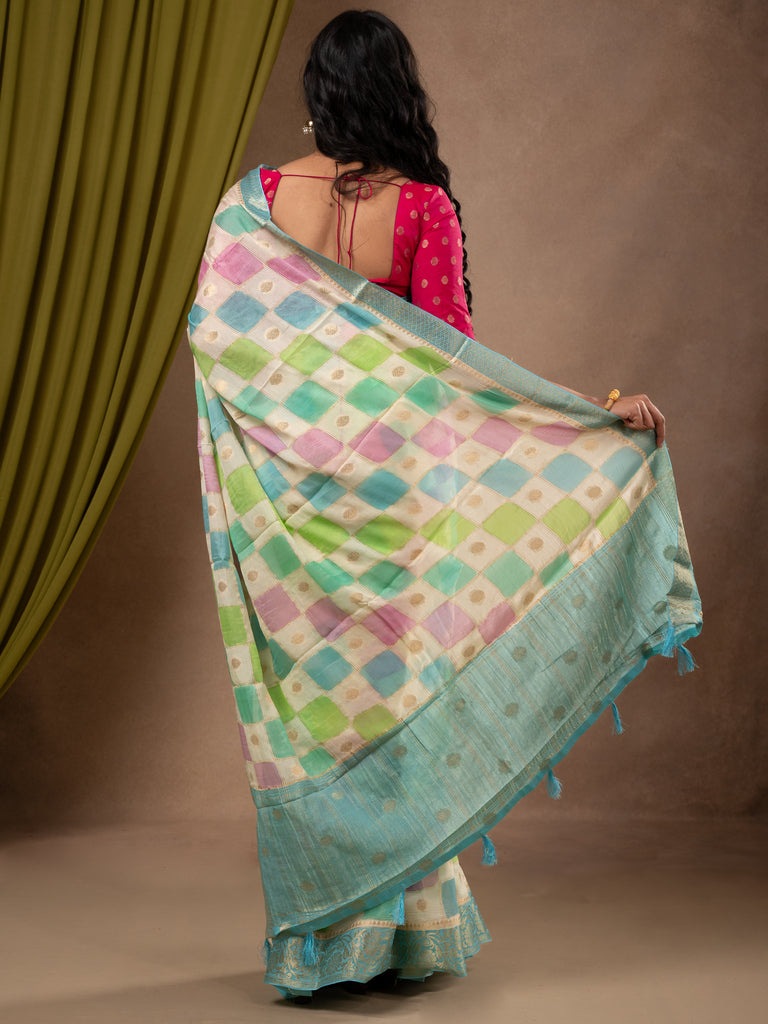 Georgette fancy saree multi color allover checks, motifs & zari border with short pallu and contrast blouse