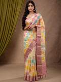 Georgette fancy saree multi color allover checks, motifs & zari border with short pallu and contrast blouse