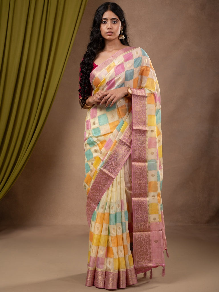 Georgette fancy saree multi color allover checks, motifs & zari border with short pallu and contrast blouse