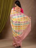 Georgette fancy saree multi color allover checks, motifs & zari border with short pallu and contrast blouse