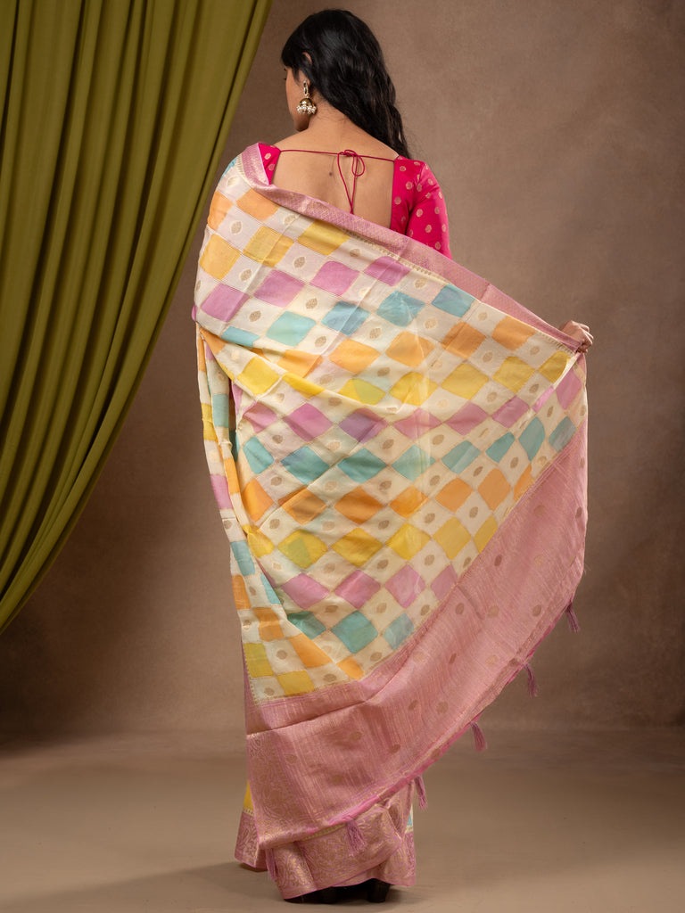 Georgette fancy saree multi color allover checks, motifs & zari border with short pallu and contrast blouse