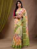 Georgette fancy saree multi color allover checks, motifs & zari border with short pallu and contrast blouse