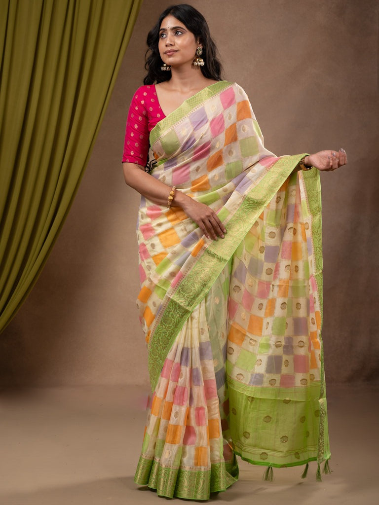 Georgette fancy saree multi color allover checks, motifs & zari border with short pallu and contrast blouse