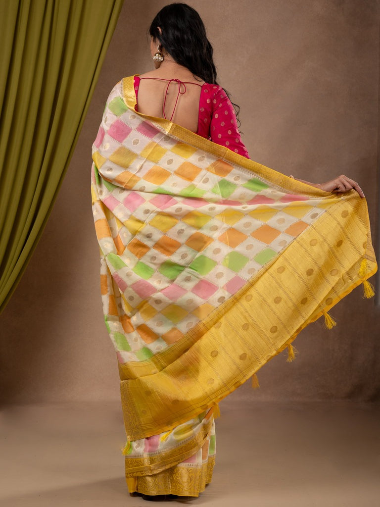 Georgette fancy saree multi color allover checks, motifs & zari border with short pallu and contrast blouse