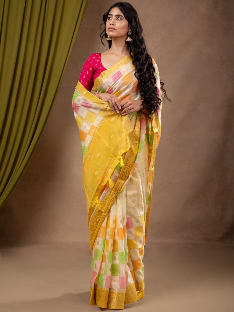 Georgette fancy saree multi color allover checks, motifs & zari border with short pallu and contrast blouse