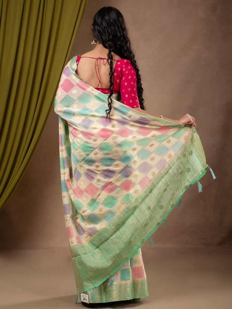 Georgette fancy saree multi color allover checks, motifs & zari border with short pallu and contrast blouse