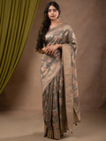 Dupion fancy saree grey color allover weaves & zari border with zari pallu and plain self blouse