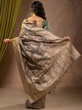 Dupion fancy saree grey color allover weaves & zari border with zari pallu and plain self blouse