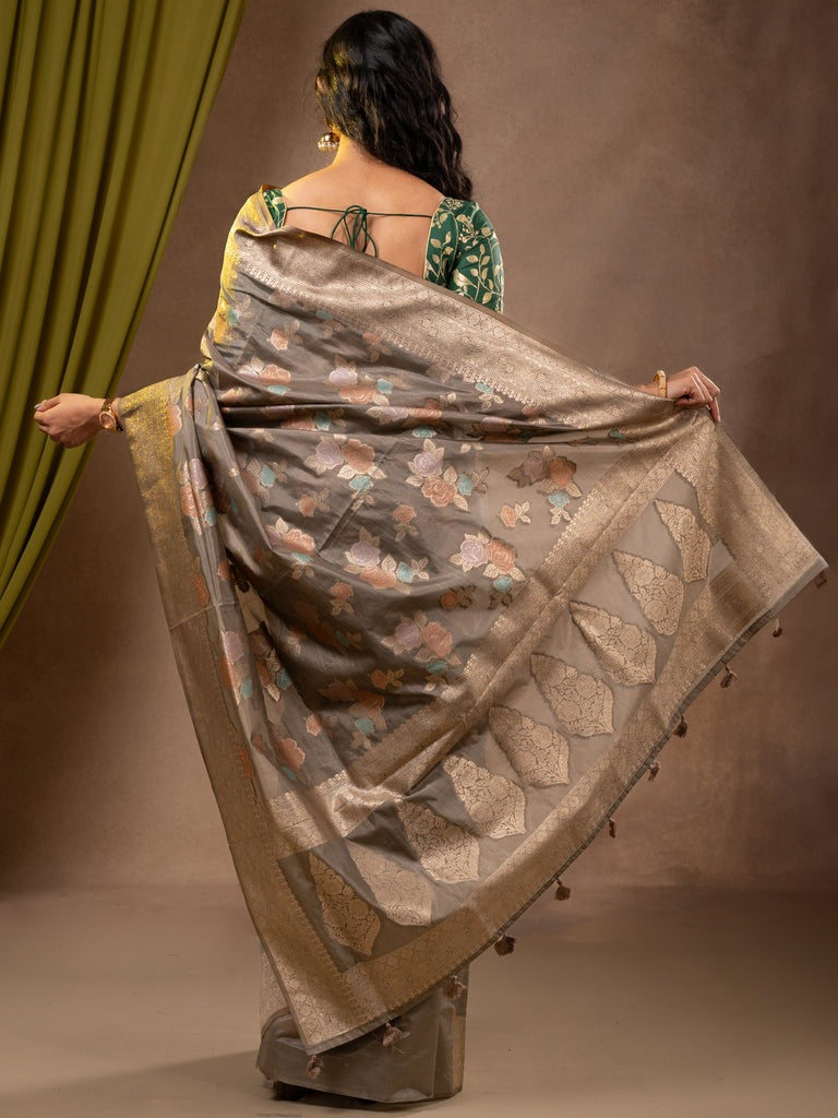 Dupion fancy saree grey color allover weaves & zari border with zari pallu and plain self blouse