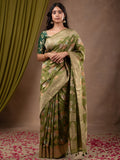Dupion fancy saree olive green color allover weaves & zari border with zari pallu and plain self blouse