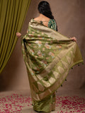 Dupion fancy saree olive green color allover weaves & zari border with zari pallu and plain self blouse