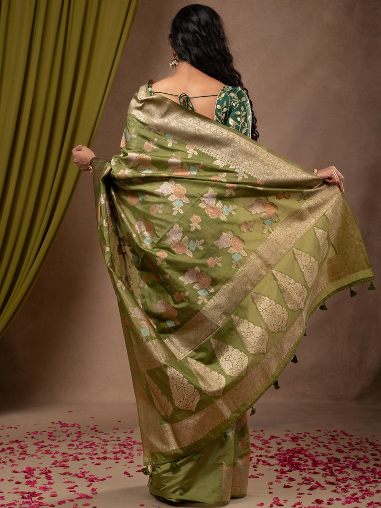 Dupion fancy saree olive green color allover weaves & zari border with zari pallu and plain self blouse