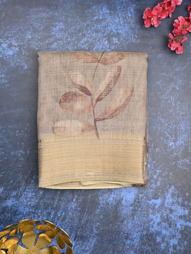 Jute tissue fancy saree light grey color allover prints & zari border with short pallu and plain blouse