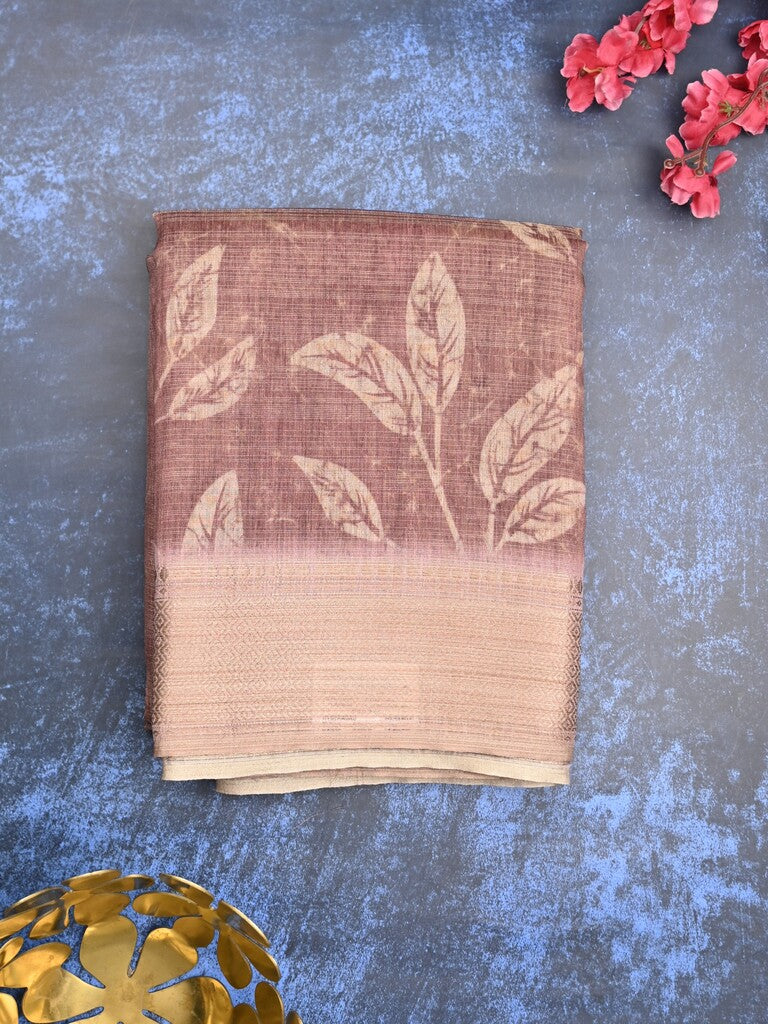 Jute tissue fancy saree brownish pink color allover prints & zari border with short pallu and plain blouse