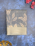 Jute tissue fancy saree grey color allover prints & zari border with short pallu and plain blouse