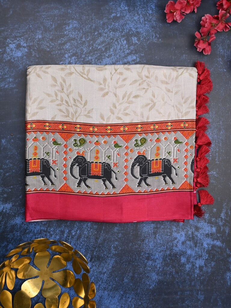 Mashroo silk fancy saree light grey color allover prints & contrast border with short zari pallu and printed blouse