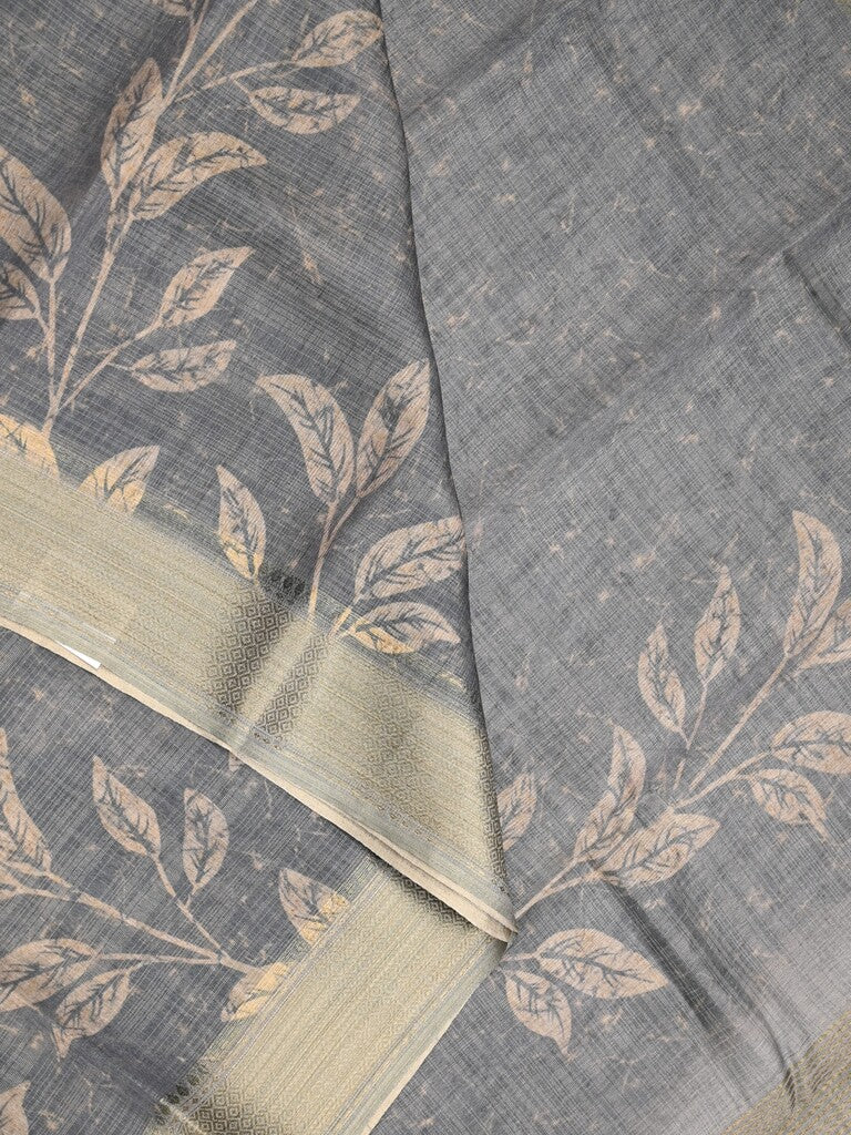 Jute tissue fancy saree grey color allover prints & zari border with short pallu and plain blouse