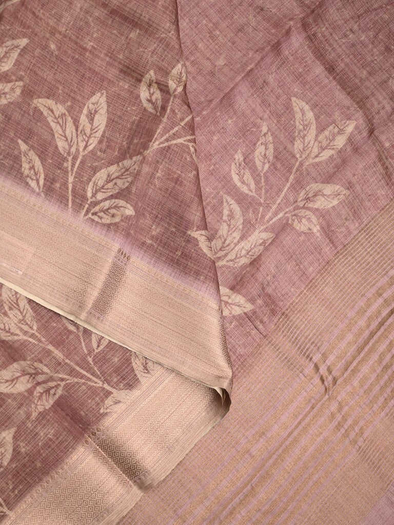 Jute tissue fancy saree brownish pink color allover prints & zari border with short pallu and plain blouse