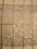Jute tissue fancy saree olive green color allover prints & zari border with short pallu and plain blouse