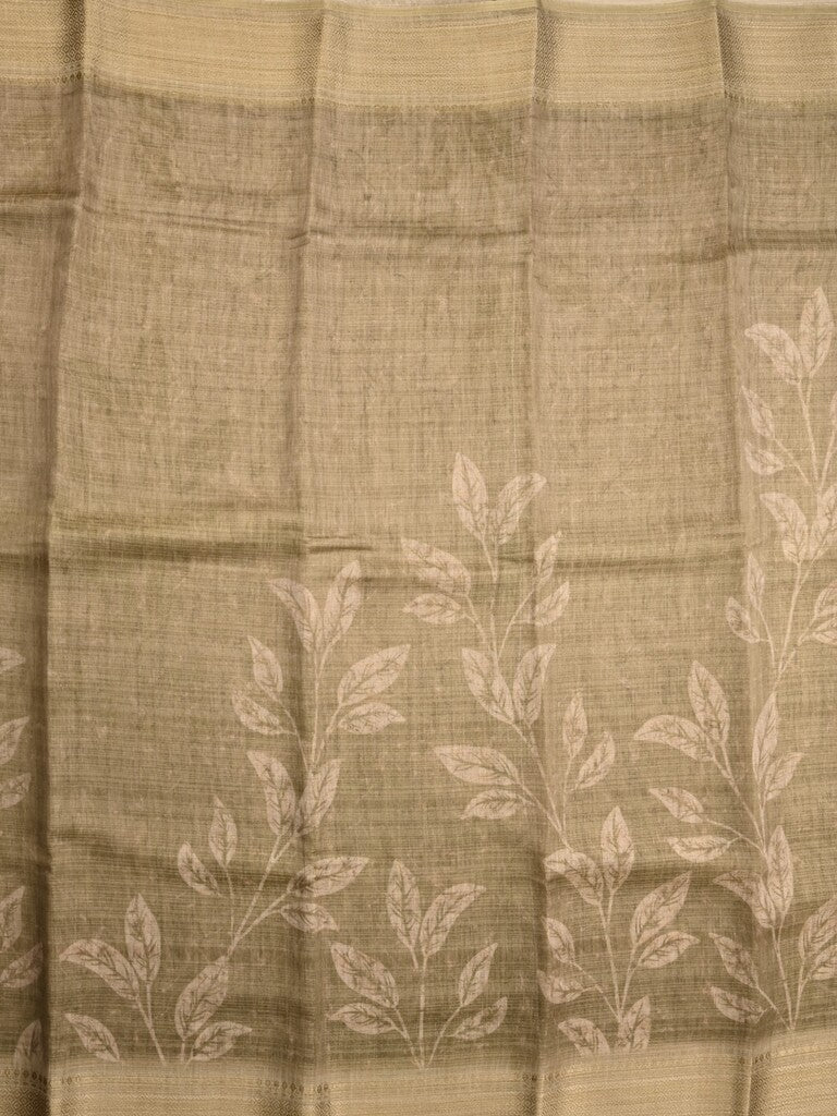 Jute tissue fancy saree olive green color allover prints & zari border with short pallu and plain blouse