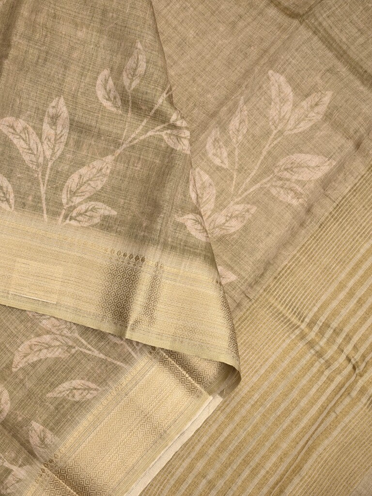 Jute tissue fancy saree olive green color allover prints & zari border with short pallu and plain blouse