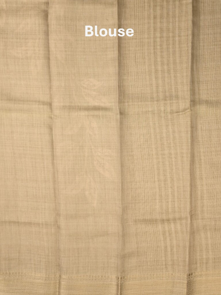 Jute tissue fancy saree olive green color allover prints & zari border with short pallu and plain blouse