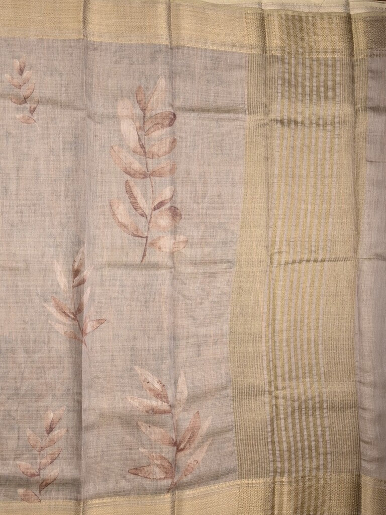 Jute tissue fancy saree light grey color allover prints & zari border with short pallu and plain blouse