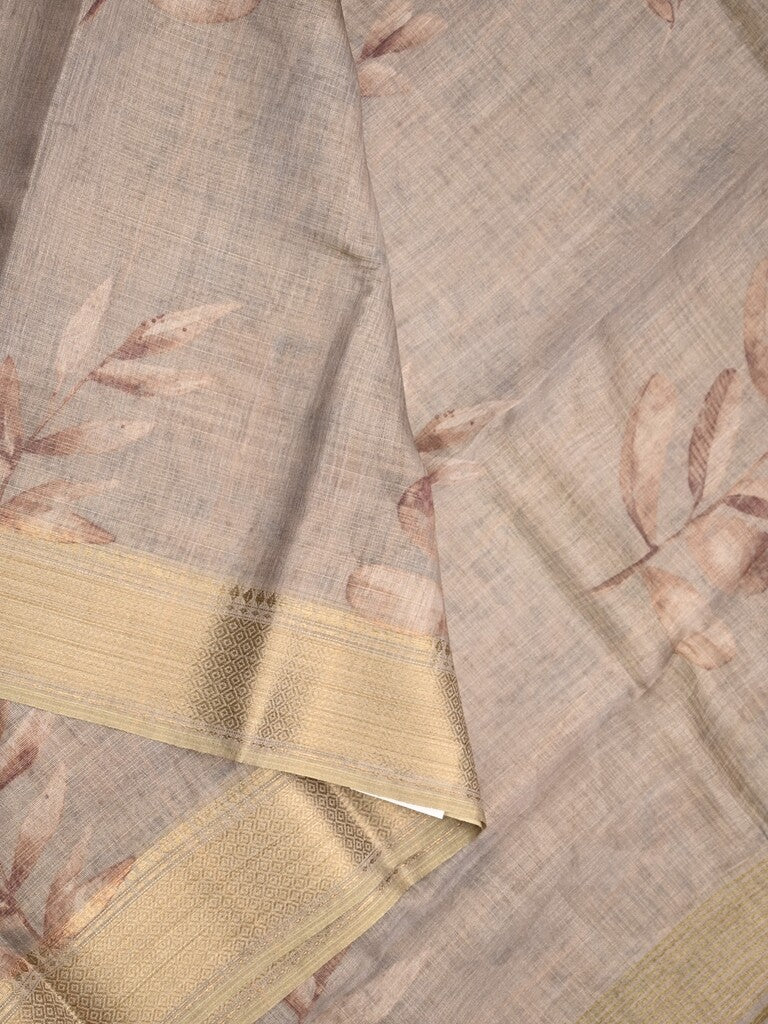 Jute tissue fancy saree light grey color allover prints & zari border with short pallu and plain blouse
