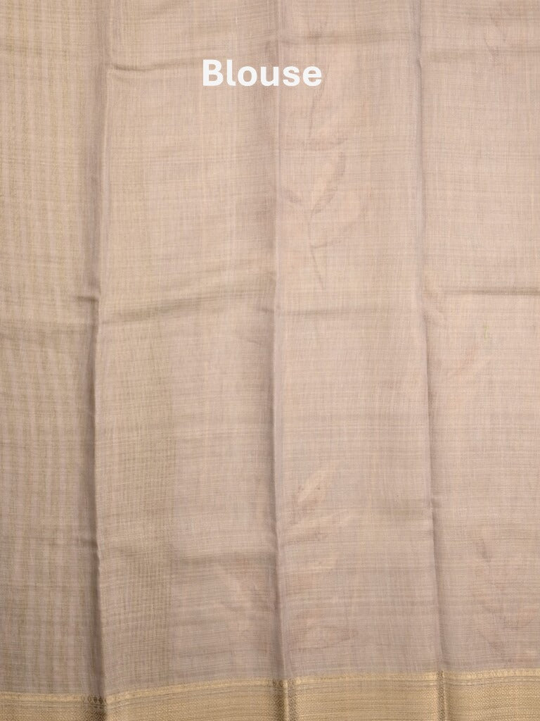 Jute tissue fancy saree light grey color allover prints & zari border with short pallu and plain blouse