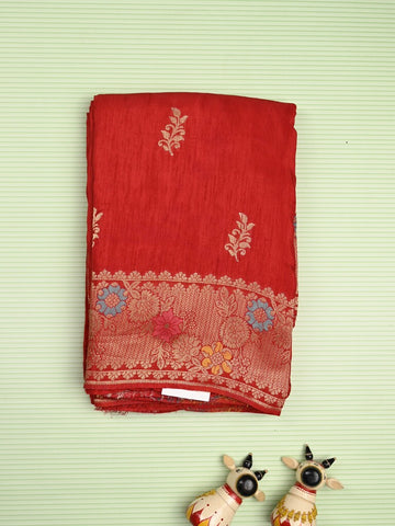 Jute matka fancy saree red color allover zari weaves & zari border with weaving pallu and plain blouse