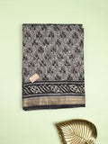 Maheshwari fancy saree grey color allover prints & zari border with printed pallu and printed blouse