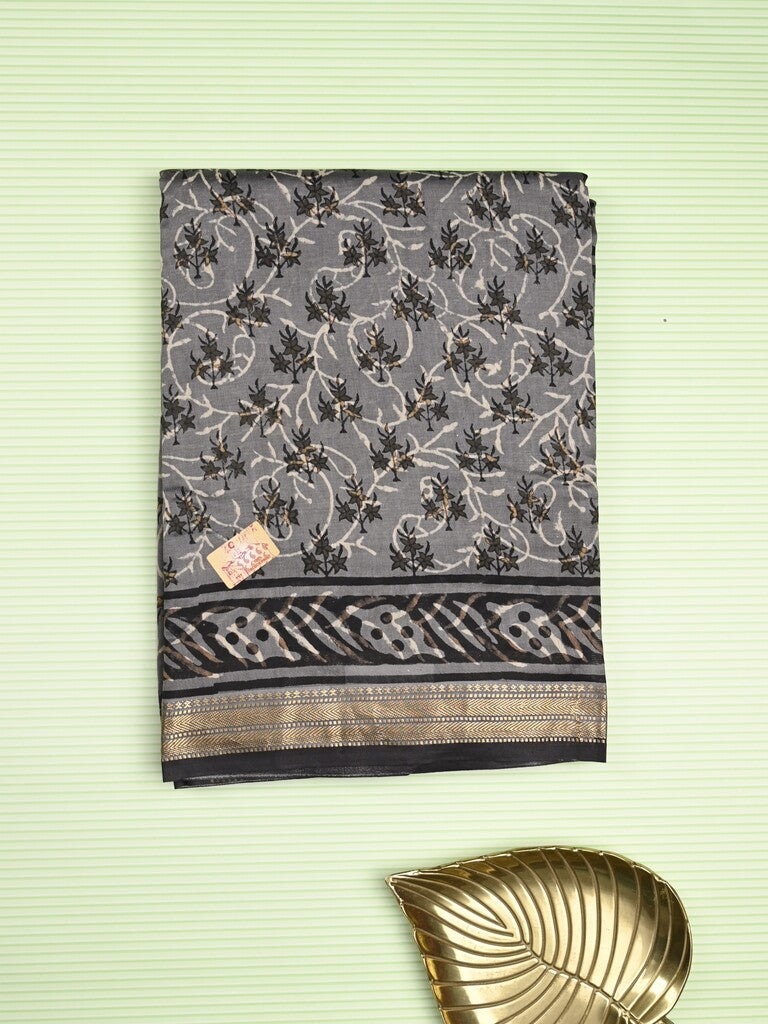 Maheshwari fancy saree grey color allover prints & zari border with printed pallu and printed blouse