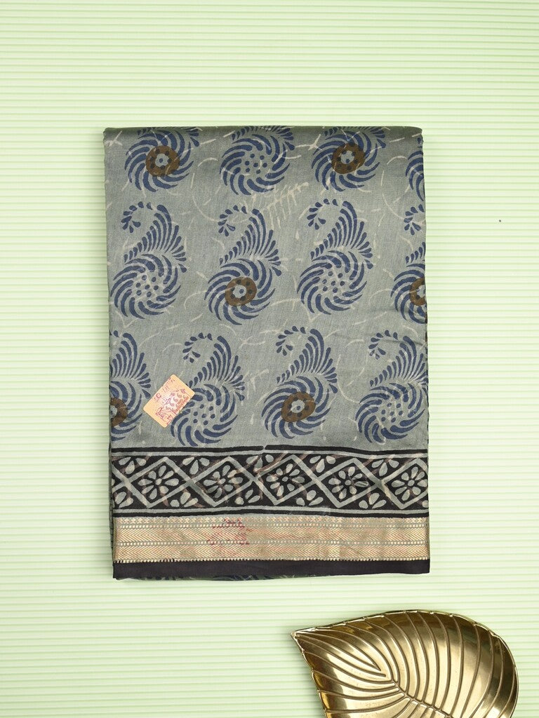 Maheshwari fancy saree grey color allover prints & zari border with printed pallu and printed blouse